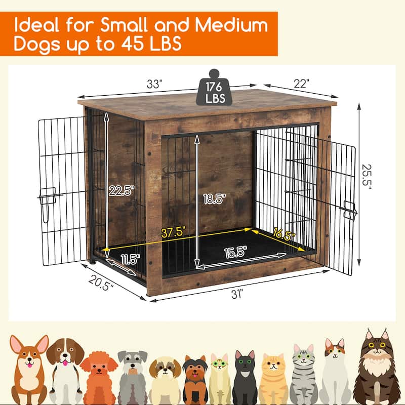 Rustic Brown and Black Wooden Dog Crate with Cushion, Double Doors and Side Table Design