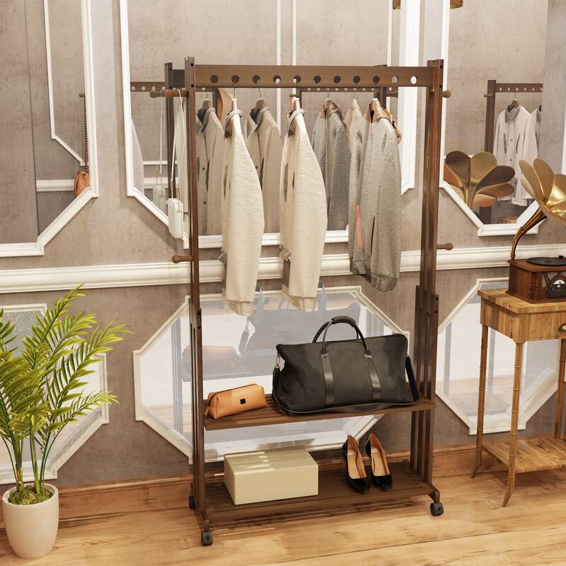 Bamboo Garment Rack Clothing Stand on Wheels with 2 Tier Storage