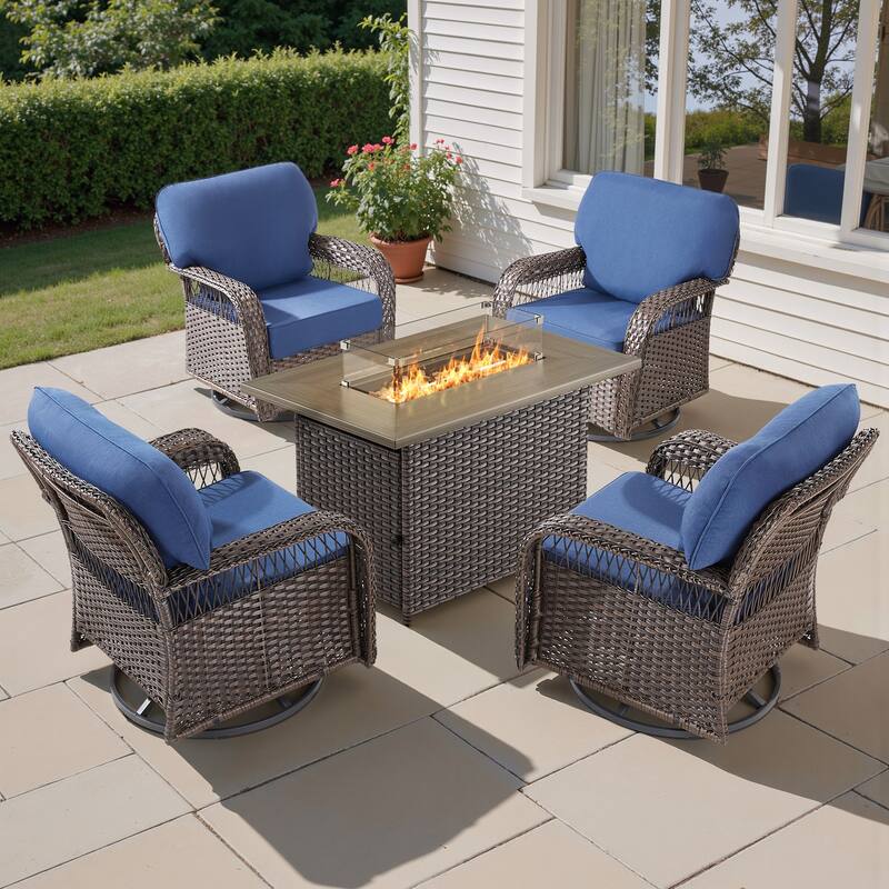 Pocassy Patio Sofa Ottoman Swivel Chair Table with Fire Table Set. - Brown Wicker Blue Cushion - 5-Piece Swivel Chair with Fie Pit Table