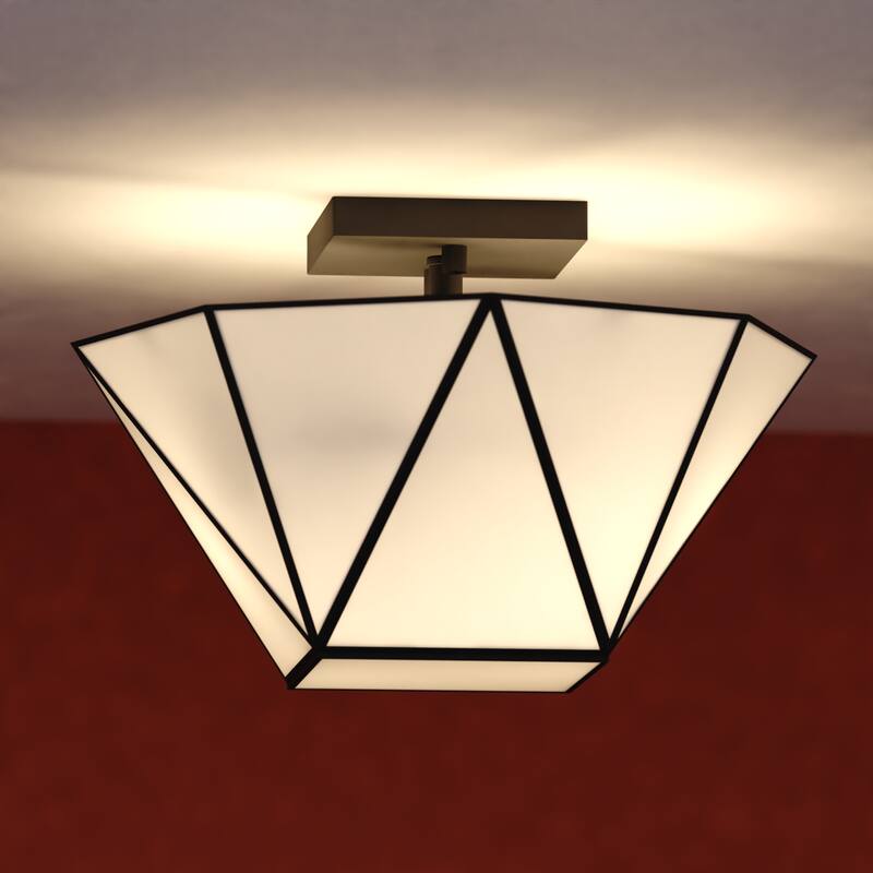 Burnett 2-Light Mid-Century Modern Semi Flush Mount Lighting Ceiling Fixture, White Tiffany Glass Shade for Entryway - Matte Black - 14-in W x 9.5-in H x 14-in D