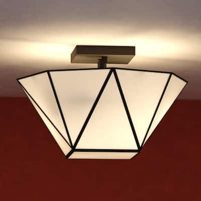 Burnett 2-Light Mid-Century Modern Semi Flush Mount Lighting Ceiling Fixture, White Tiffany Glass Shade for Entryway