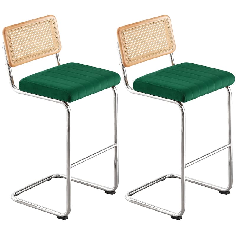 Velvet Upholstered Rattan Counter/Bar Stools, Set of 2/3 - Set of 2 - 30"Dark Green