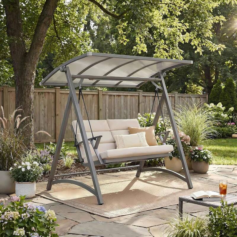 PURPLE LEAF 2-Person Patio Porch Swing with PVC Canopy, Solar LED Lights & Cushions - 2 Seat - 2 Seat