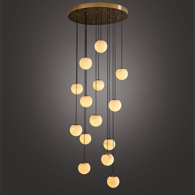 KAYLA Luxury 14-Light Alabaster Globe Chandelier in Vintage Copper Finish, Grand Pendant Light for Stairwells or Foyers - 138in