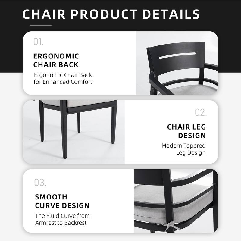 4-Piece Ember Black Aluminum Patio Dining Chairs with Sunbrella Cushions & Tapered Feet - 20.8" D x 22.5" W x 30.9" H