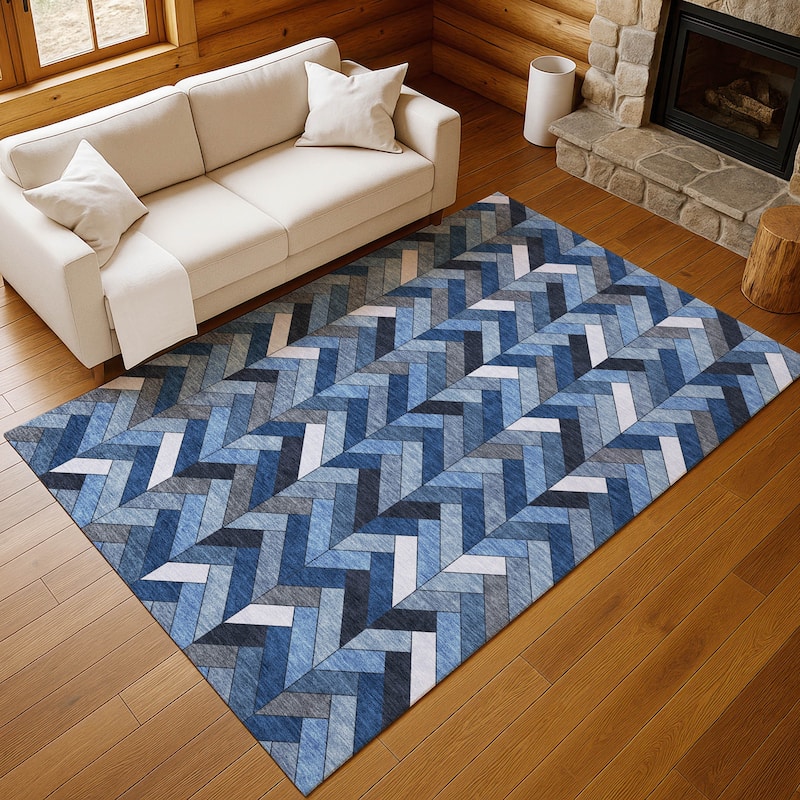 Machine Washable Indoor/ Outdoor Modern Chevron Chantille Rug