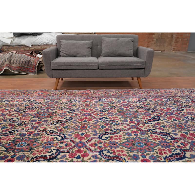 Hand Knotted Oriental 100% Wool Carpet Traditional Floral Beige & Ivories Kerman Area Rug - 11' 5'' X 8' 1''