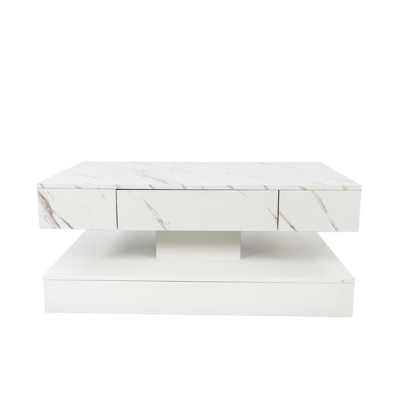 High-Glossy LED Coffee Table with 2 Drawers, Living Room Storage Tables with Marbling Print, Stylish Double-Layer Center Tables