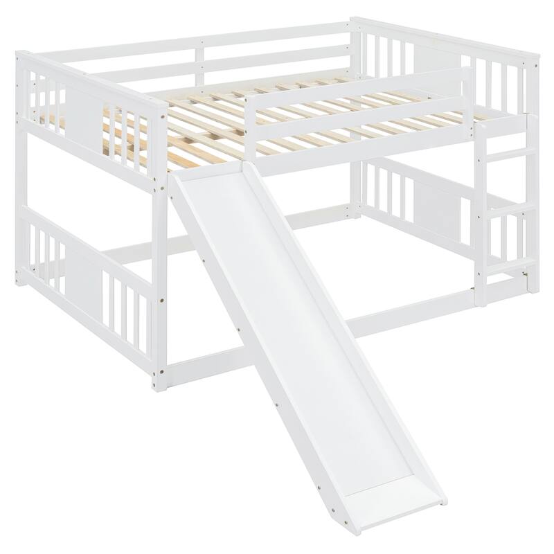 Full Over Full Bunk Bed with Ladder and Slide, White, Space-Saving Design