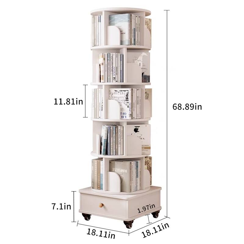 Rotating Bookshelf With Drawer, 360 Display 6 Tier Corner Bookshelf For Small Space, Floor Standing Bookcase Storage Rack