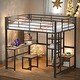 preview thumbnail 1 of 16, Full Size Metal Loft Bed with Desk and Stool, Wood Kids Bed Frame with Open Wardrobe, Shelves and Cabinet for Bedroom, Black Black