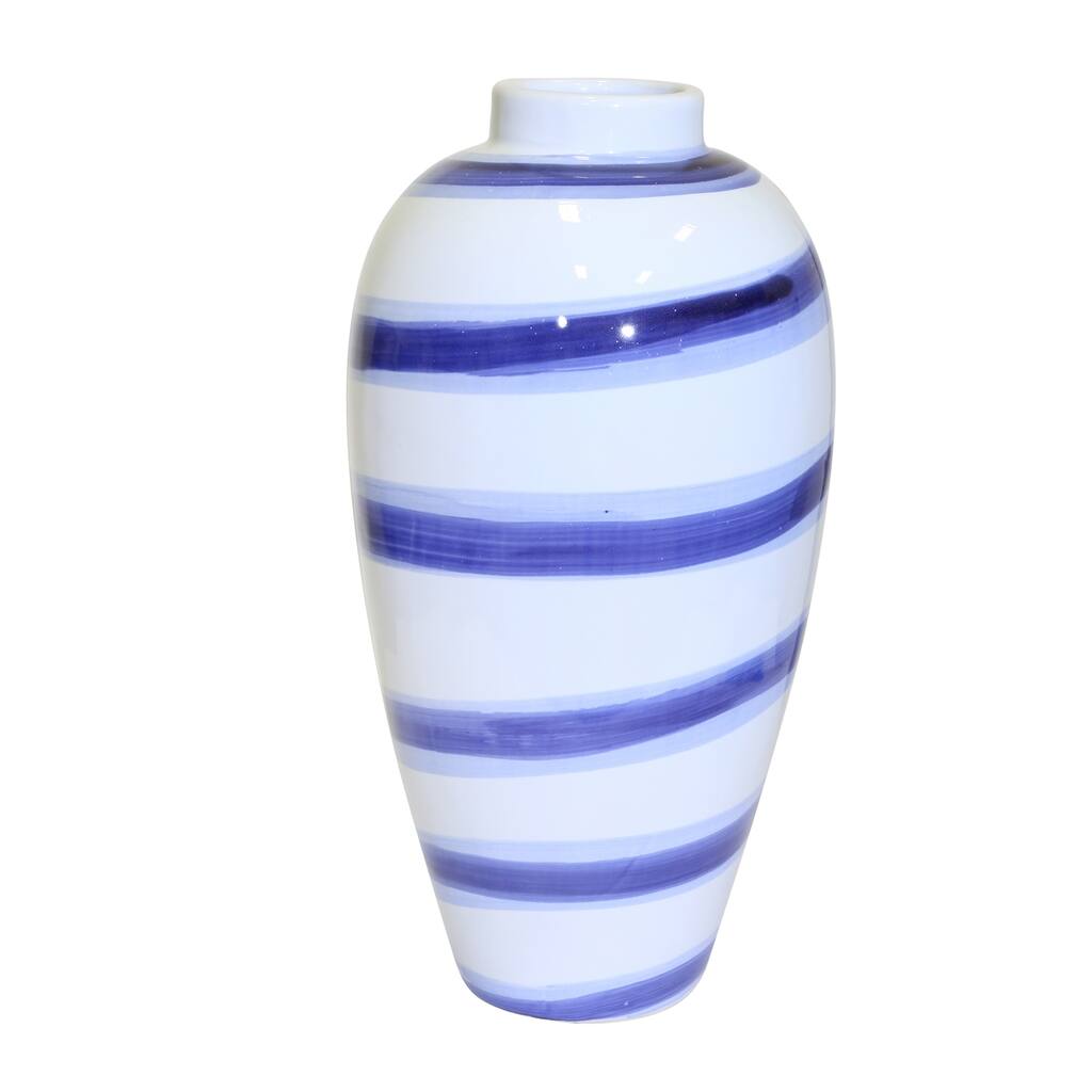 Sagebrook Home Ceramic Striped Vase 15.5", White/Blue