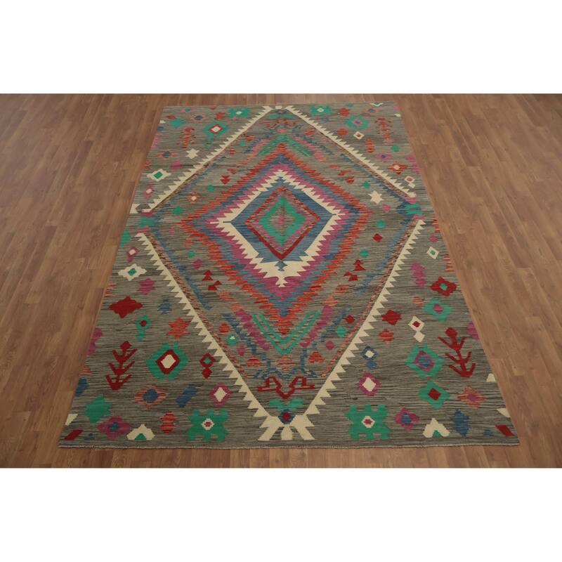 Hand Woven Oriental 100% Wool Carpet Southwestern Tribal Greys & Charcoal Kilim Area Rug - 9' 9'' X 6' 6''