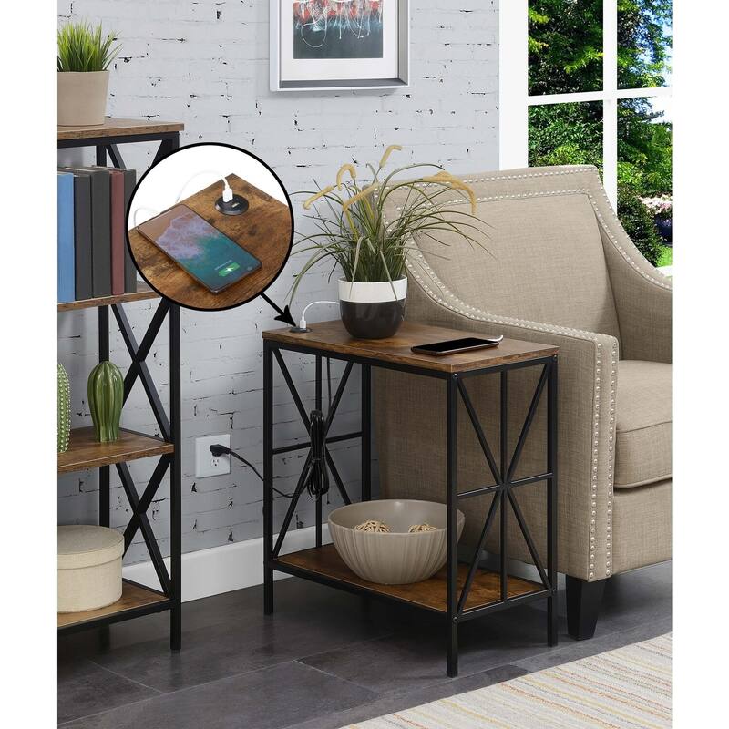 Chairside End Table with Charging Station and Shelf, Two USB Ports, Crisscross Frame Accent Side Table for Living Room Use - 12