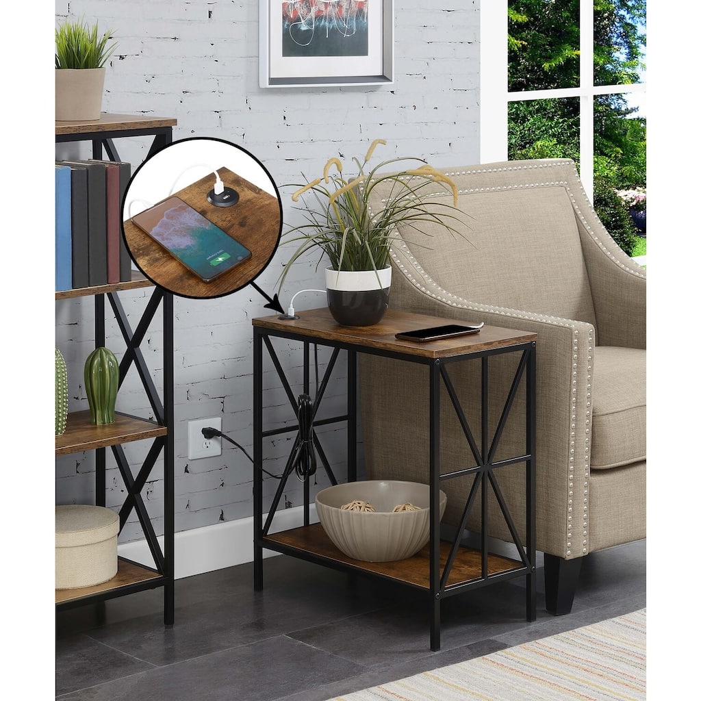 Chairside End Table with Charging Station and Shelf, Two USB Ports, Crisscross Frame Accent Side Table for Living Room Use - 12
