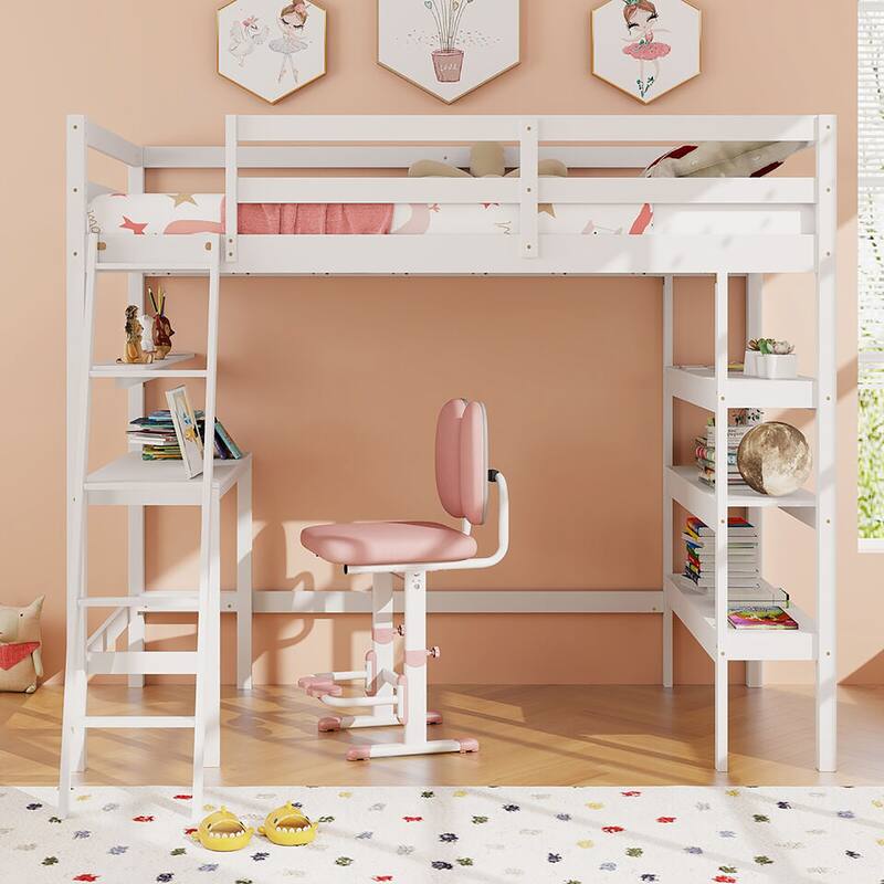 Gymax Twin Size Solid Wood Loft Bed w/ Desk & Bookshelves Ladder &