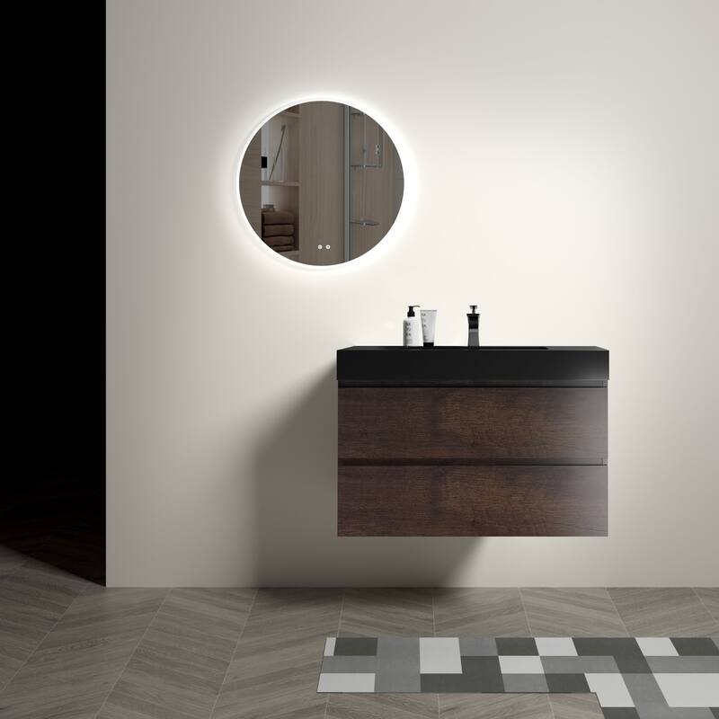Modern 30" Alice Floating Bathroom Vanity with Rosewood Finish, Handle-Free Design, Silent Soft-Closing Drawers