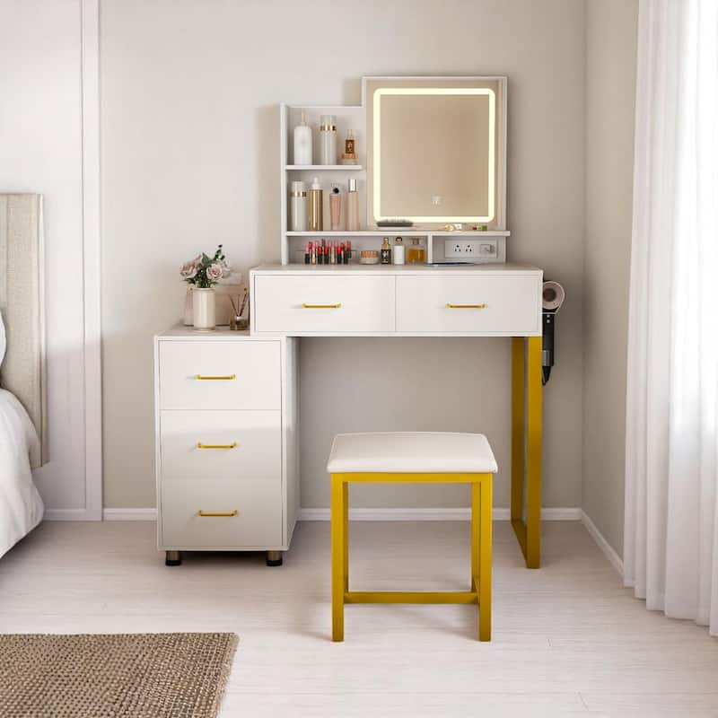 KISRAIS 31.5" Vanity Desk with Brightness Adjust LED Mirror, Cushioned Stool, Power Station, and Hair dryer bracket
