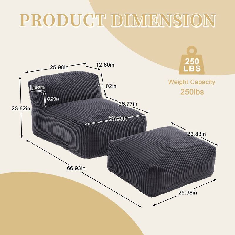 Corduroy Upholstered Lounger Large Ergonomic Support Compressed Bean Bag Sofa with Ottoman