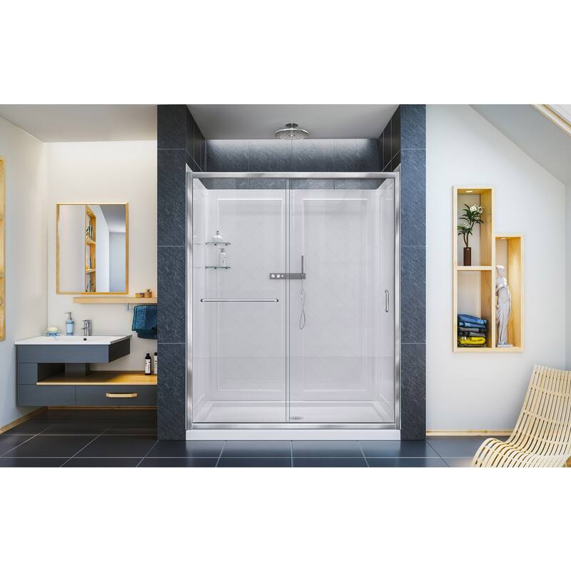 DreamLine Infinity-Z 32 in. D x 60 in. W x 76 3/4 in. H Sliding Shower Door, Shower Base and Backwall Kit - 32" x 60" - Chrome Finish Center Drain