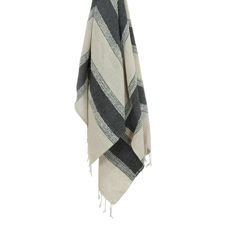 HomeRoots 50" X 60" Black Cotton Woven Striped Throw Blanket with Fringe
