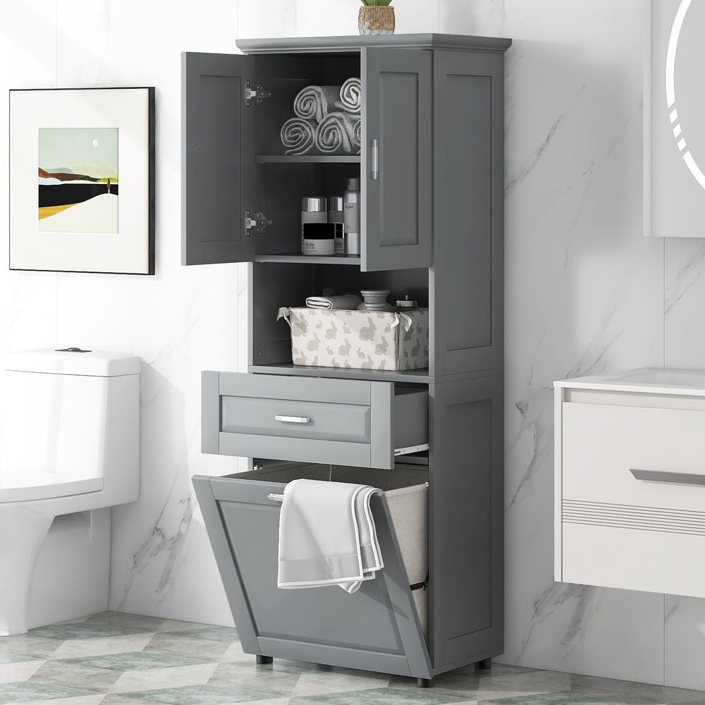 Freestanding Tall Bathroom Double Door Storage Cabinet with Removable Laundry Basket, Open Shelf, Drawer and Adjustable Shelf