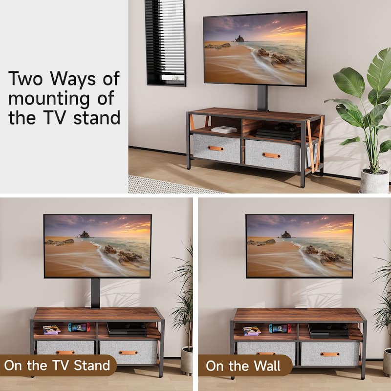 FITUEYES Wood TV Stand with Mount for 55-75 inch TVs Hold up to 88lbs, Swivel and Multi-functional with Foldable Drawers
