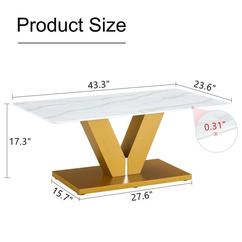 Modern Minimalist Coffee Table. Tempered Glass With Stickers Tabletop,En Mdf Pillars - White+Gold