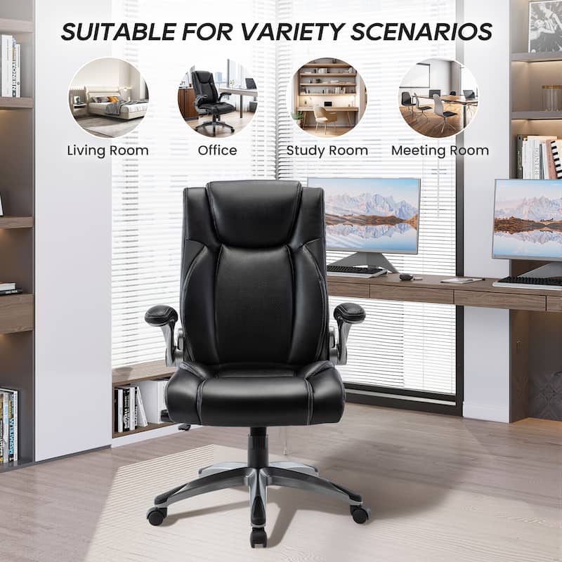Ergonomic Office Chair, High Back Leather, Adjustable Lumbar, Black