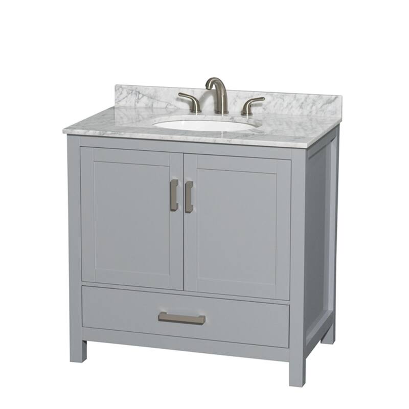 Wyndham Collection Sheffield 36" Freestanding Vanity Set with Hardwood - Gray / White Carrara Marble Top - Ash Finish