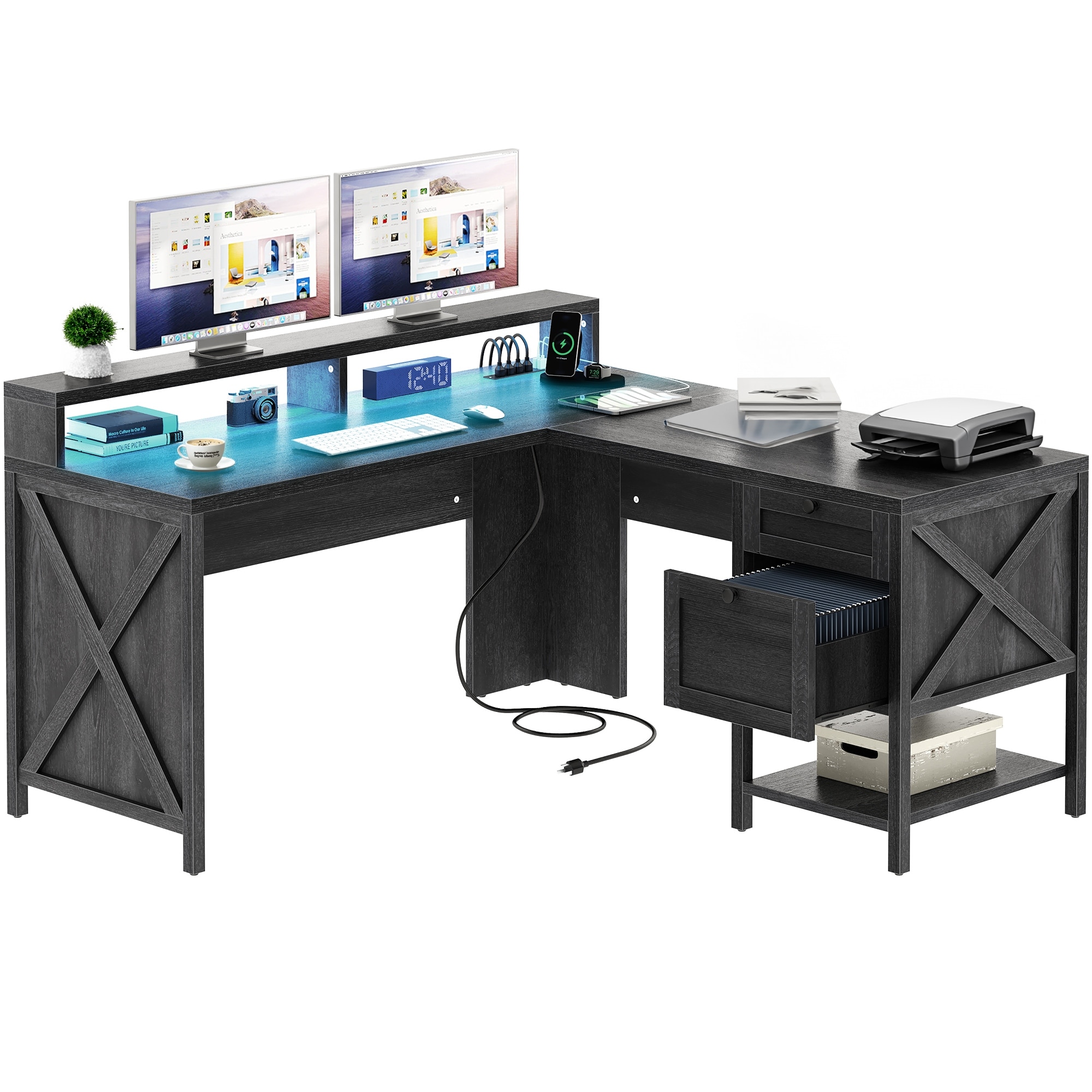 Moasis L Shaped Desk with File Cabinet LED Computer Desk with Power Outlets