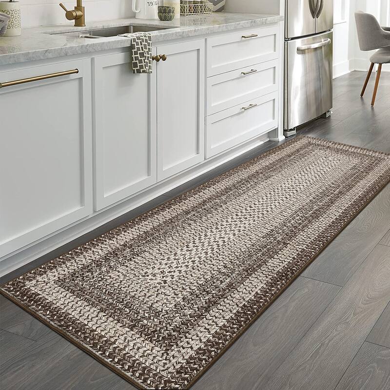 Washable Living Room Rugs Modern Braided Print Area Rug Border Design Accent Rugs for Bedroom Non-Slip Low Pile Area Rug - 2'x10' - Brown