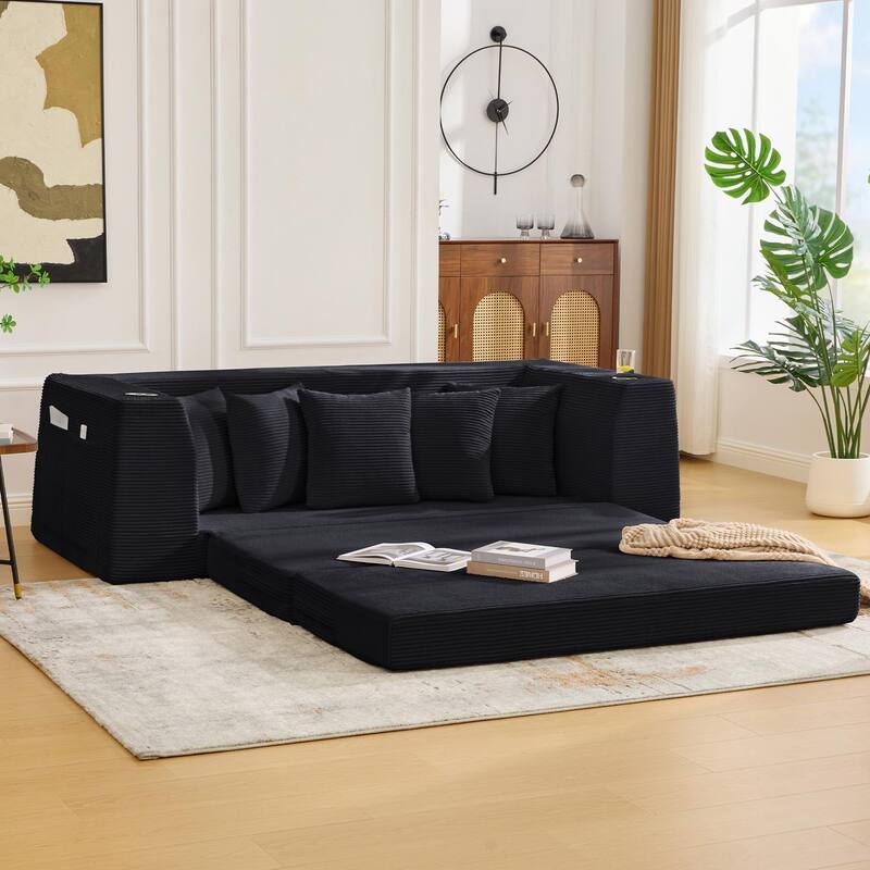 2 in 1 Convertible Sofa Bed, Sleeper Sofa with Storage Pockets, Pull Out Loveseat Couch with Two Cup Holders