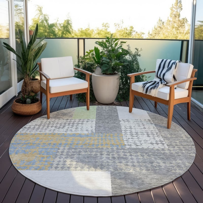 Machine Washable Indoor/ Outdoor Modern Blocks Chantille Rug - Gray - 8' x 8'