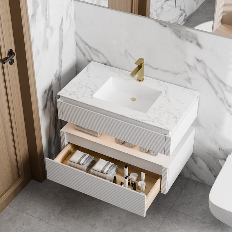 Modland 36" Modern Wall-Mounted Bathroom Vanity with Engineered Stone Countertop & Ceramic Undermount Sink