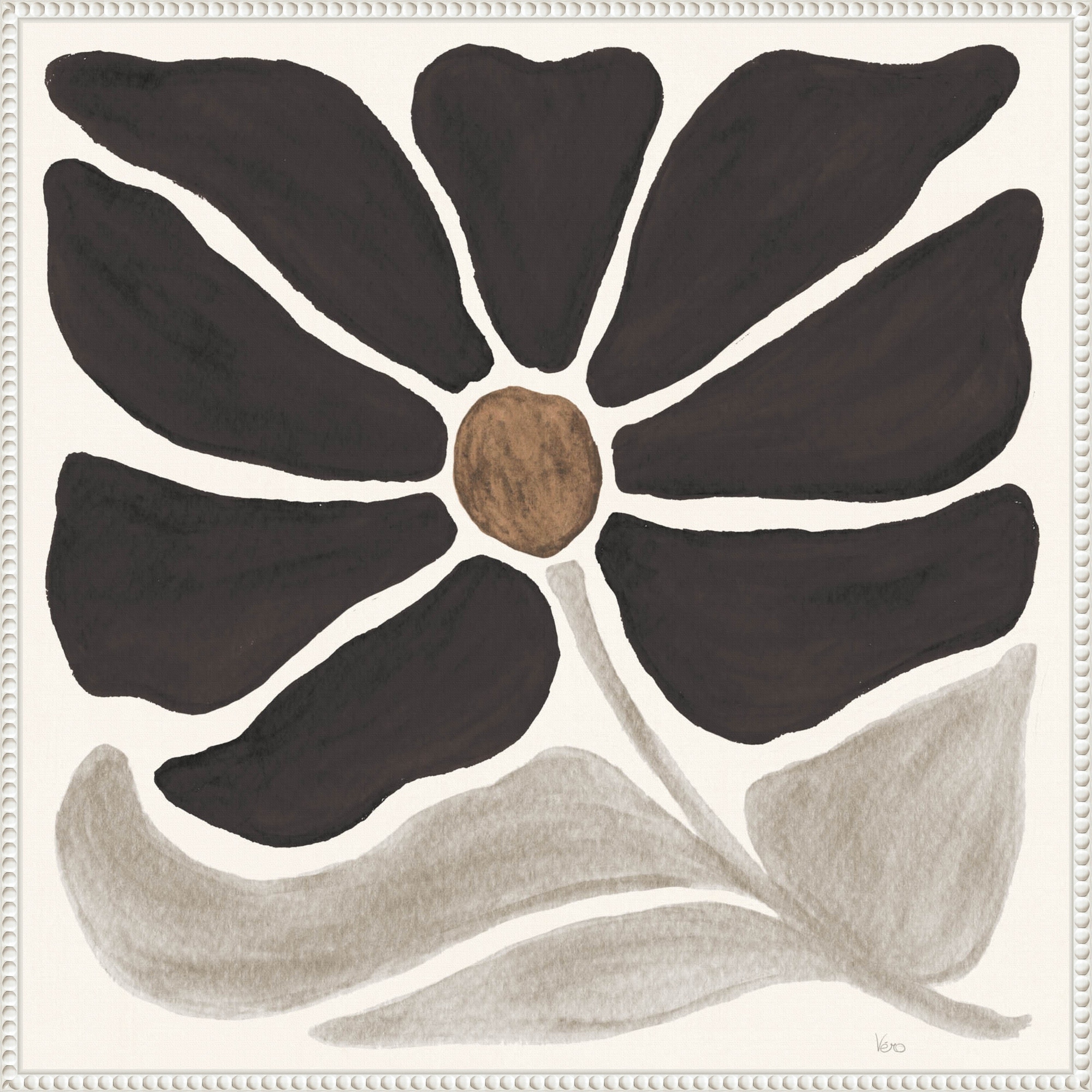 Modern Petals V Neutral by Veronique Charron Framed Canvas Wall Art Print 30 x 30 in. - Sylvie Beaded White
