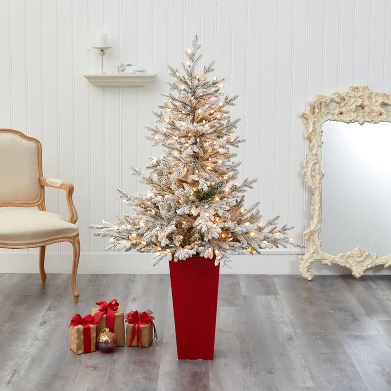57" Flocked Artificial Christmas Tree with 300 Lights in Tower Planter