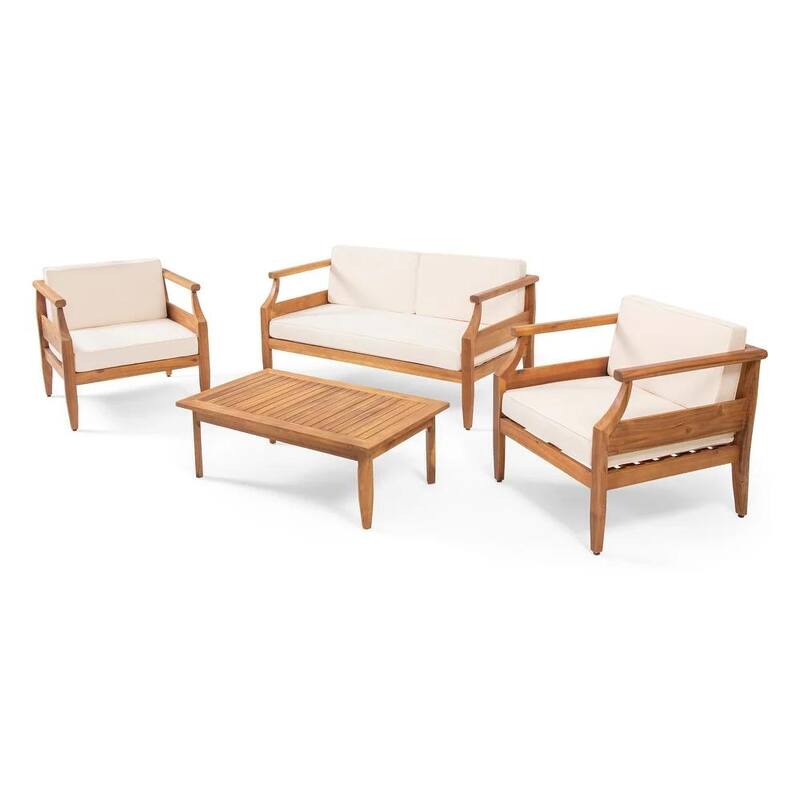 Roomfitters 4-Piece Outdoor Sofa Set with Loveseat, Coffee Table, Two Chairs, Patio Furniture Set, Beige Cushions