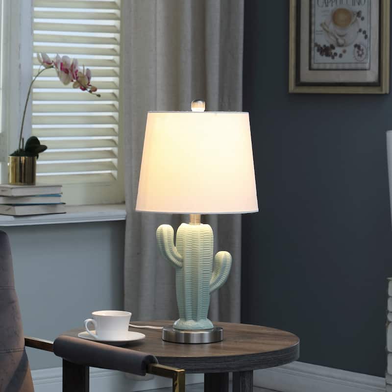 22 Inch Cactus Table Lamp in Pale Blue Green with Off White Shade - 11" L x 11" W x 22" H - Pale-Blue-Green-White