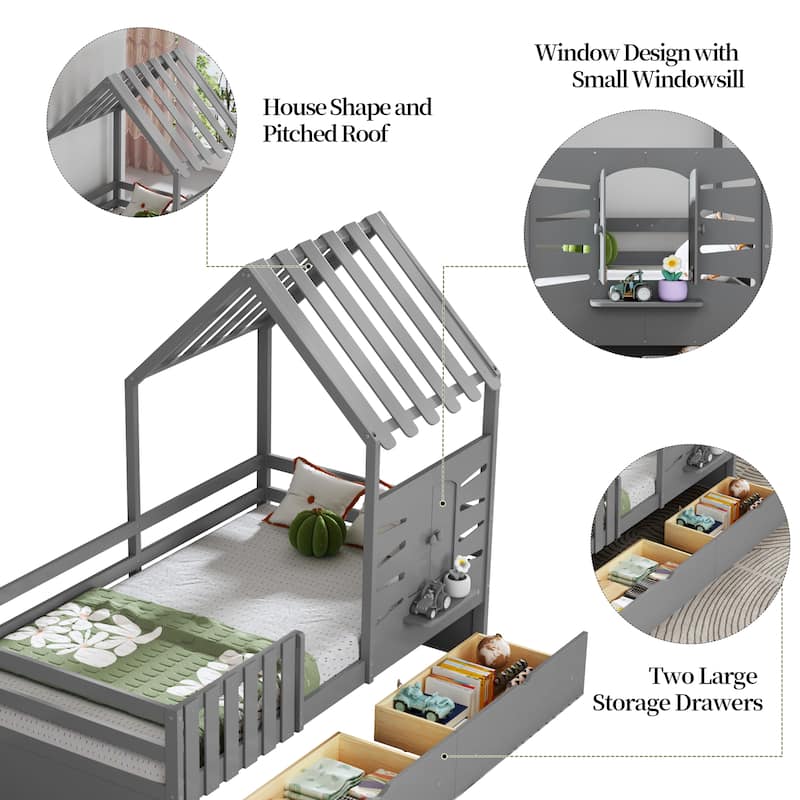 Twin Bed Frames for Kids,Twin Size House Bed - Gray