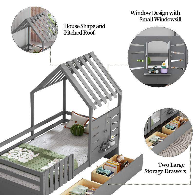 Twin Size House Bed with Guardrails, Storage Drawers, Roof, and Window Design