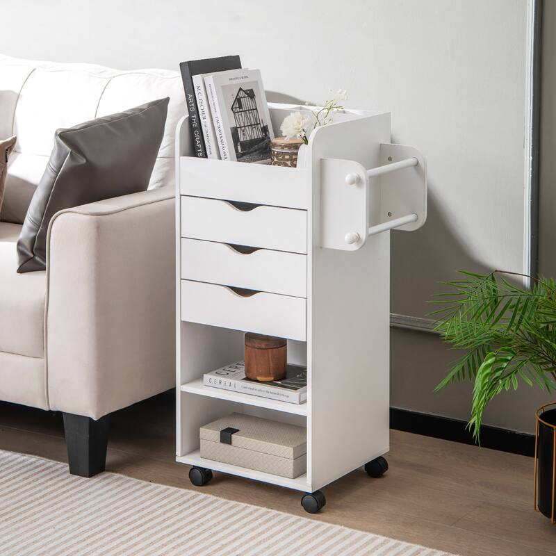 Gymax Rolling Craft Storage Cart Wooden Utility Cart w/3 Drawers 3 - See Details - Serving Cart - White