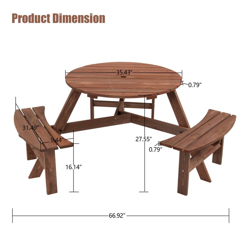 6 Seater Round Dining Table Set with 3 Built-in Benches, Outdoor Courtyard Wooden Picnic Table for Patio, Lawns, Garden