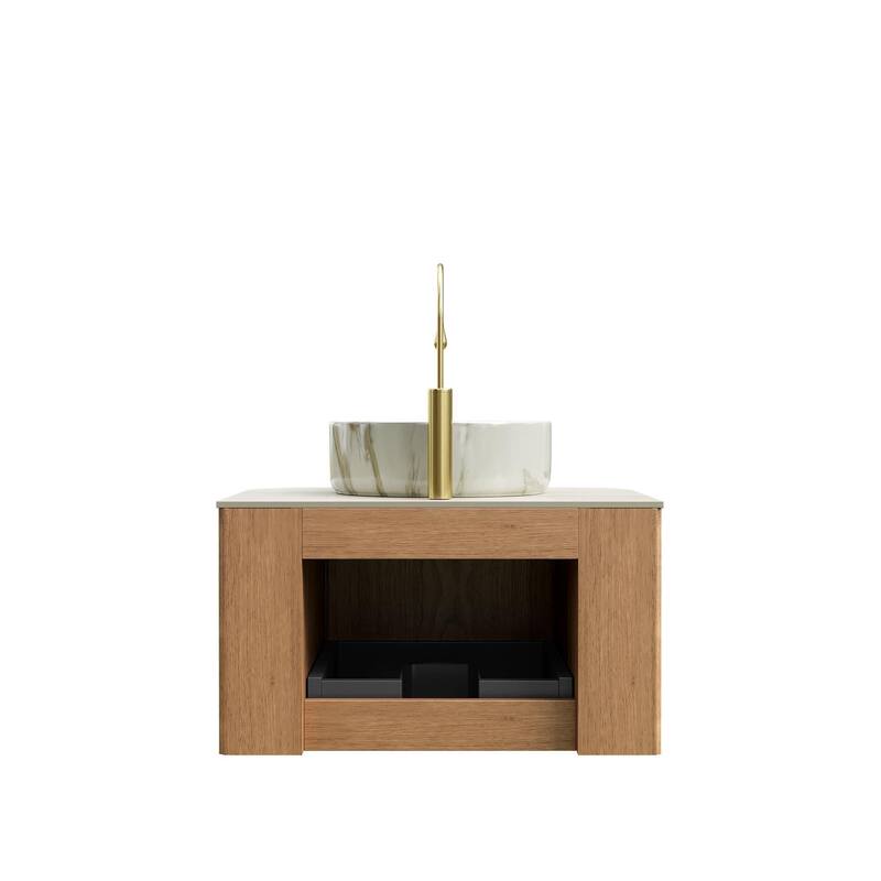 Floating Bathroom with Round Ceramic Basin and Storage Drawer