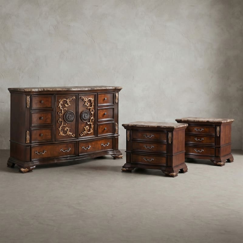 Furniture of America Cresswell Traditional 3-Piece Dark Cherry and Oak Wood Dresser and 2-Nightstand Bedroom Set - Dark Cherry