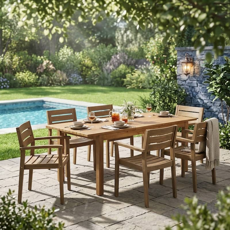 Christopher Knight Home - Rustic Solid Acacia Wood Extendable 7-Piece Outdoor Dining Set with Slatted Chairs