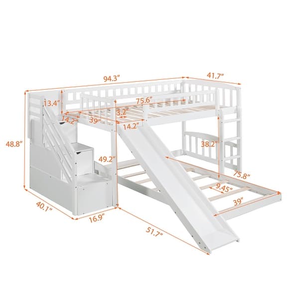 Twin over Twin Bunk Bed with Drawers and Slide, Stairway, White