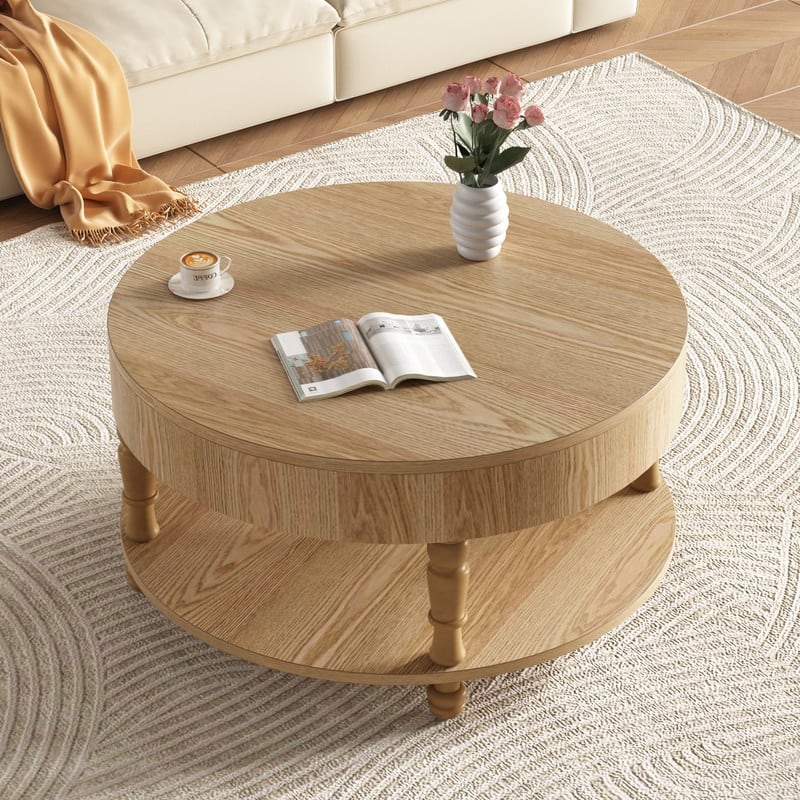Modern Round Coffee Table with Dual Storage and Flip-Top Design for Living Room Organization