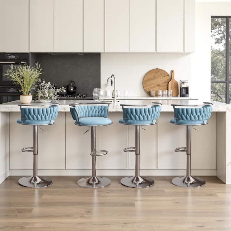 4 Set Modern Velvet Adjustable Swivel Bar Stools with Metal Frame - Silver/Blue