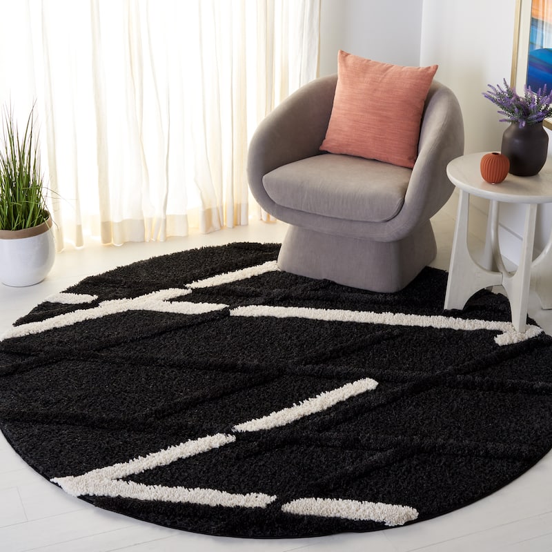 SAFAVIEH Hi-Lo Shag Inka Modern 1.6-inch Thick Rug - 6'7" Round - Charcoal/Ivory